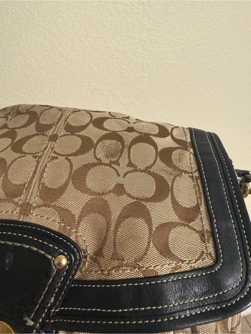Coach Tan Signature Canvas Shoulder Bag with Black Trim